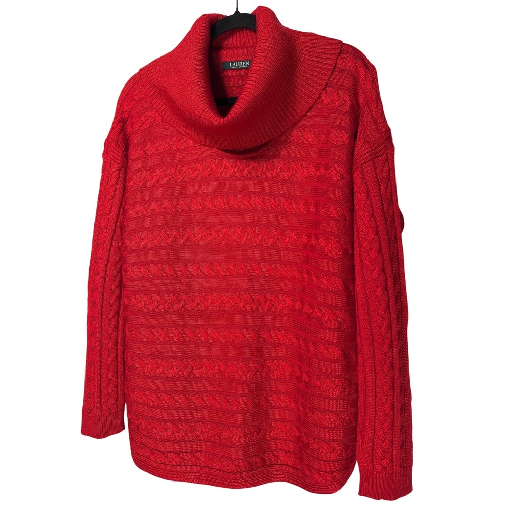 Lauren Ralph Lauren Red Cable Knit Cowl‎ Neck Sweater Tunic Curved Hem Women's L